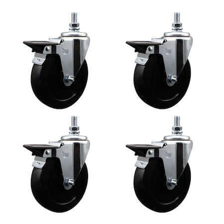 Service Caster 5 Inch Soft Rubber 10 MM Threaded Stem Caster Set with Brake SCC-TS20S514-SRS-PLB-M1015-4